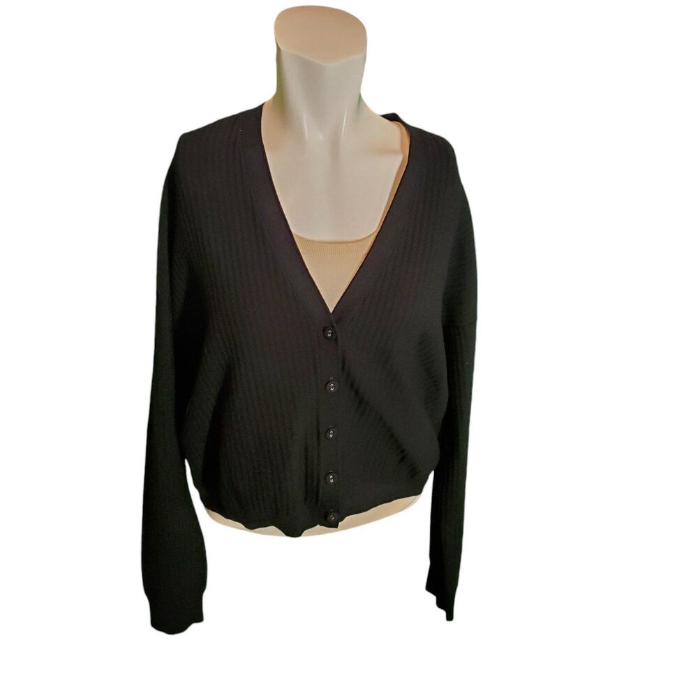 Leo & Sage Rib Knit Cardigan Cropped Sweater Mid Weight Sweater Black Sz L